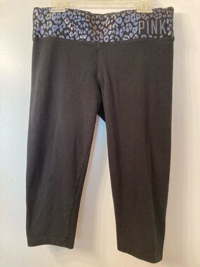 PINK Victoria's Secret Black Capri Leggings with Blue Leopard Print Waistband